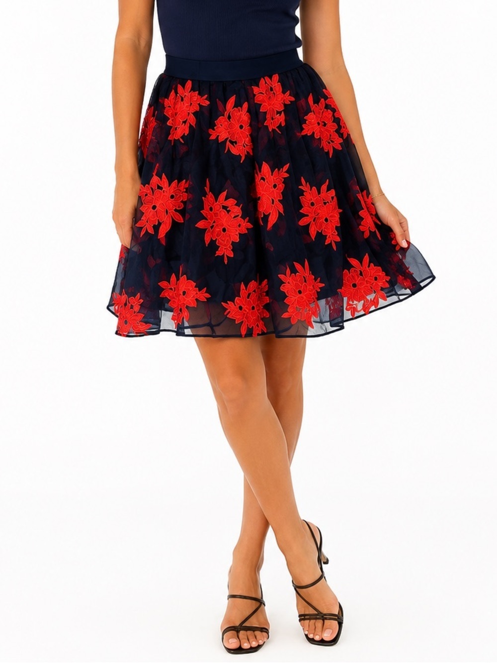 Maeve Anthropologie NWT Floral Embroidered Organza Skirt Navy Red Size 12